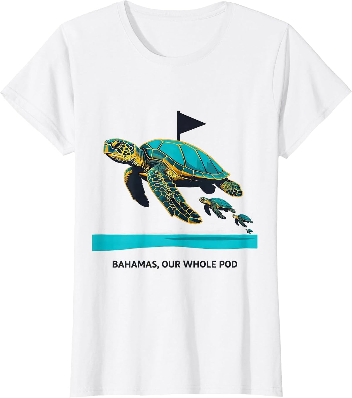 Bahamas, Our Whole Pod Flat Vector Sea Turtle Souvenir T-Shirt - White