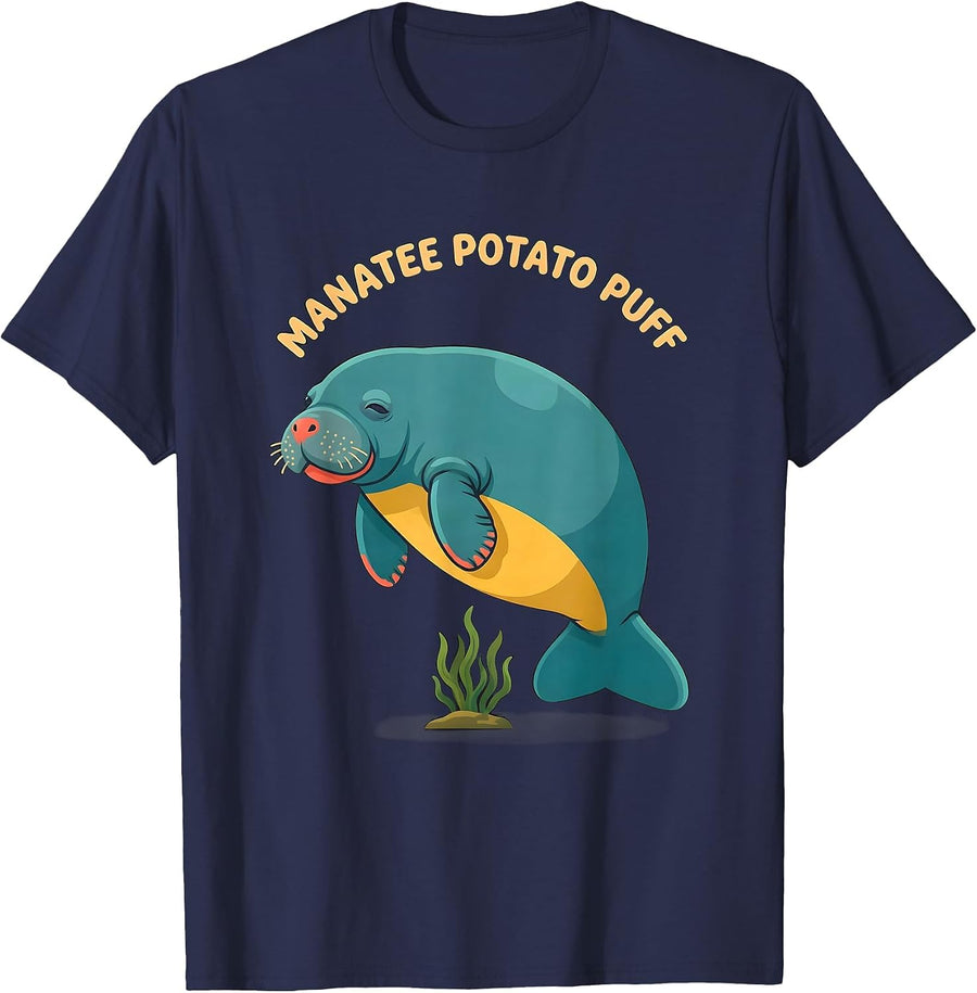 Manatee Potato Puff Funny Sea Animal Lover Humor T-Shirt - Navy Blue