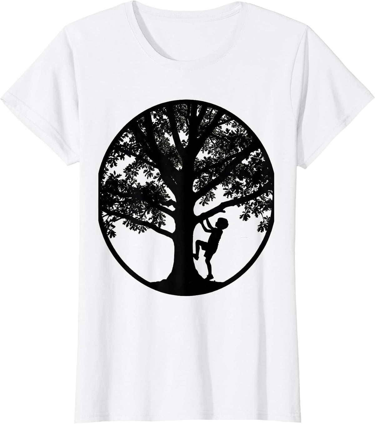 Young Boy Climbing Tall Oak Tree Illustration T-Shirt - White