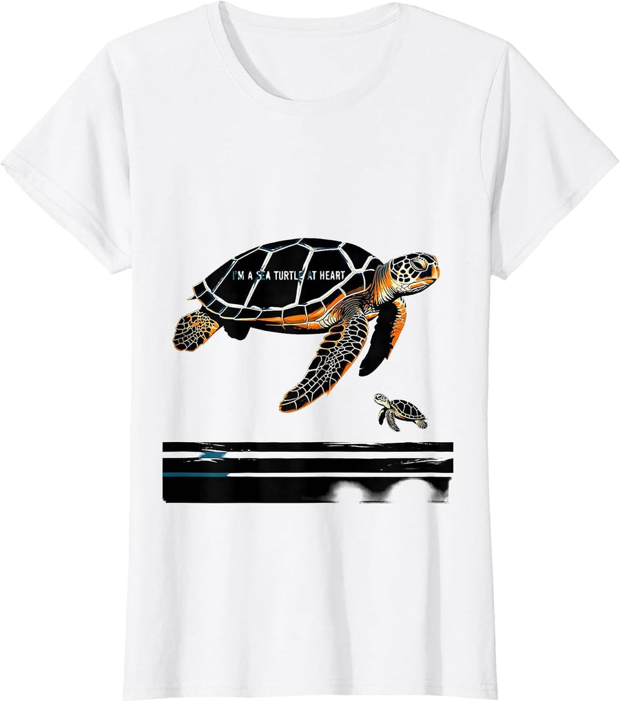 Women's I'm A Sea Turtle At Heart Stencil Graphic Sea Turtle Lover T-Shirt - White