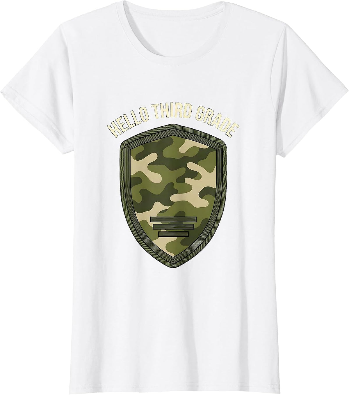 Women's Hello Third Grade Distressed Camo Back To School Boy Teacher T-Shirt - White
