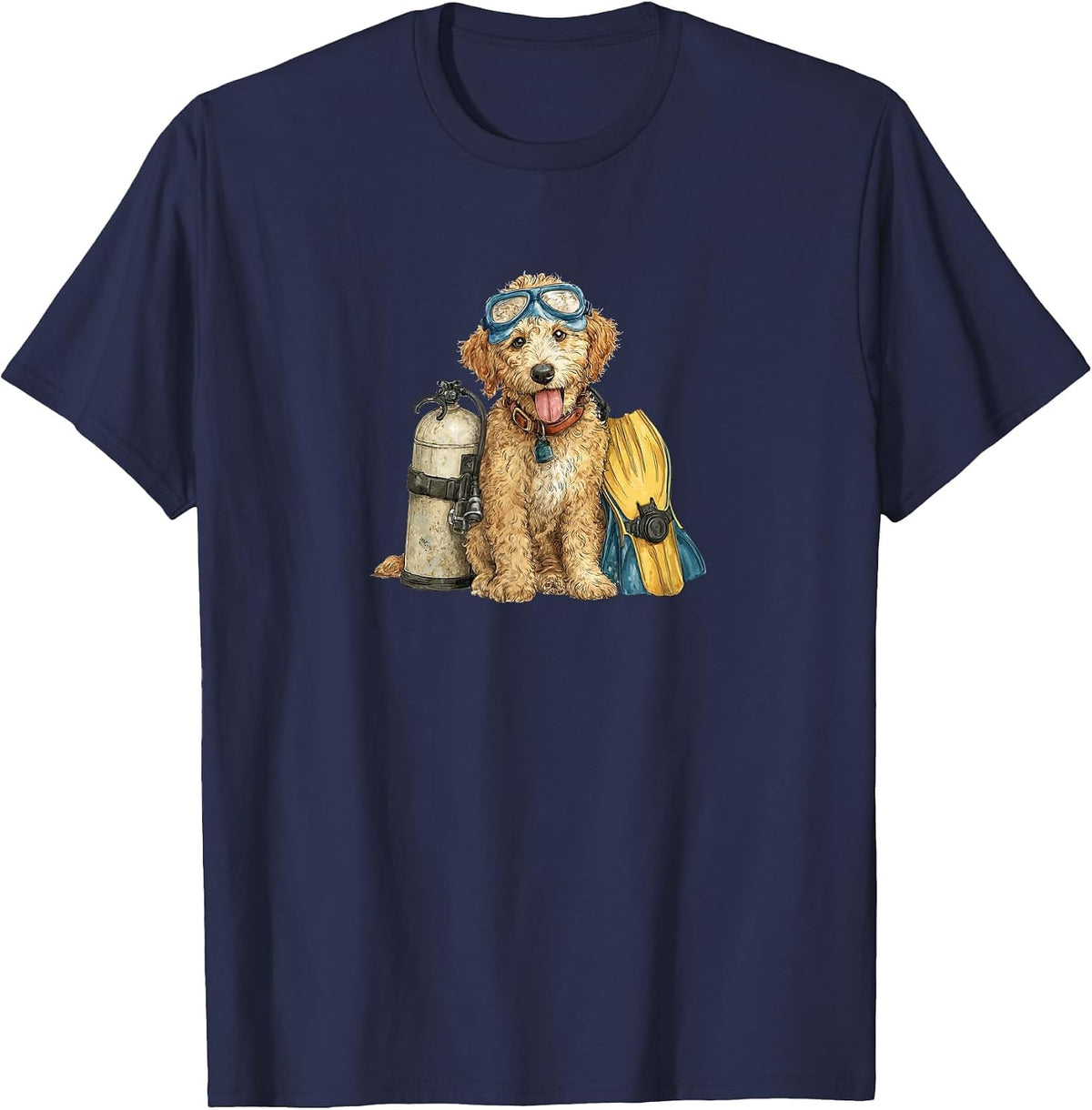 Funny Golden Doodle Puppy in Scuba Diving Gear T-Shirt - Navy Blue