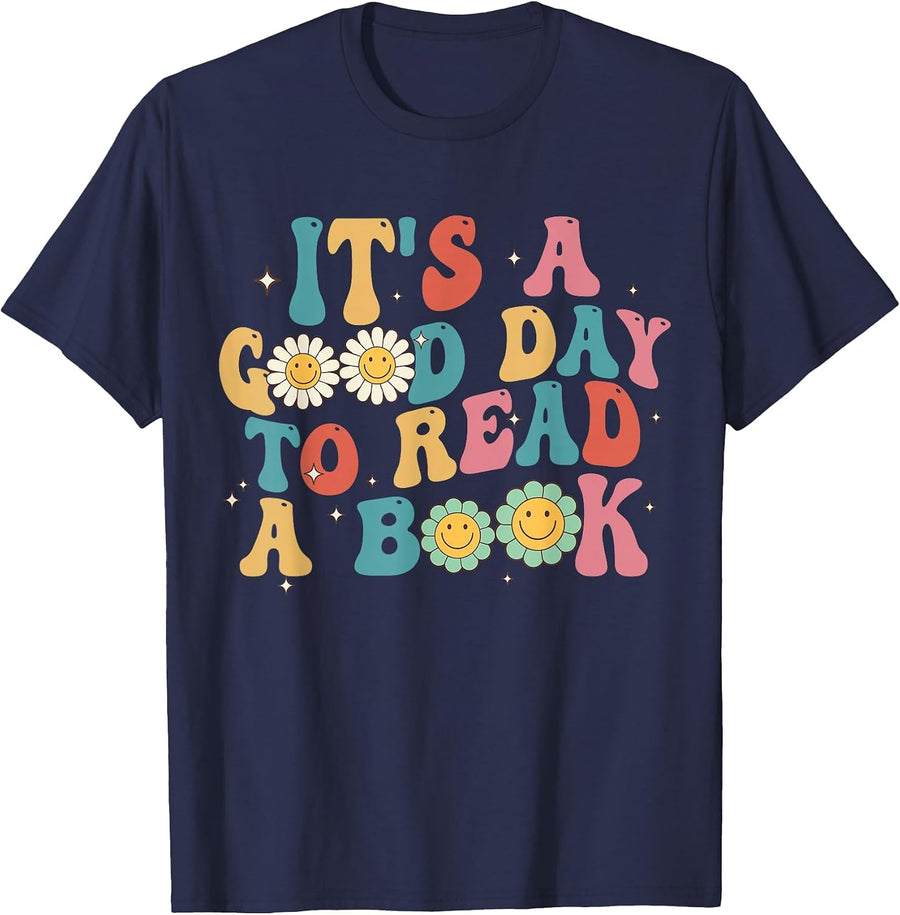 It's A Good Day to Read A Book Lovers Groovy Retro T-Shirt - Navy Blue