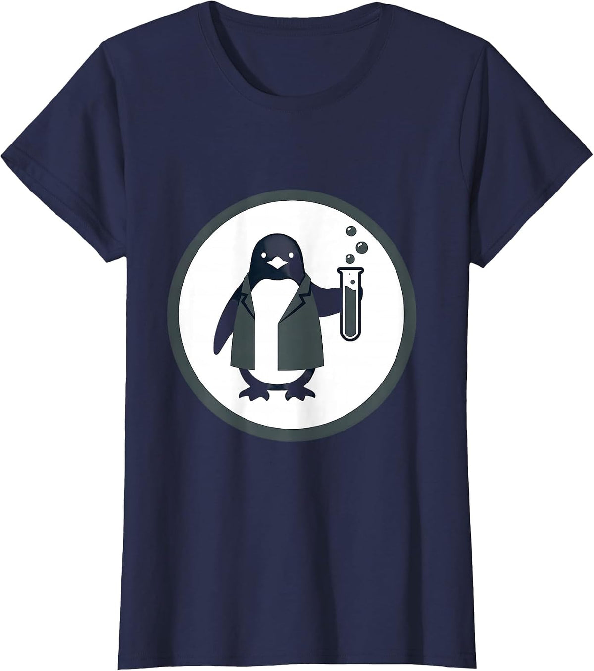 Women's Penguin Scientist Bubbling Test Tubes Illustration T-Shirt - Navy Blue