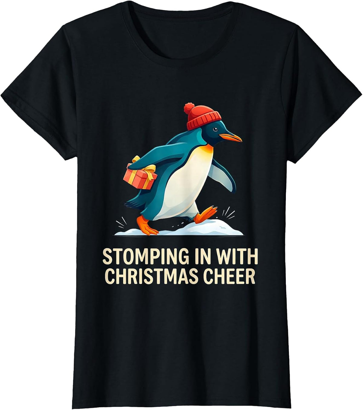 Women's Stomping In With Christmas Cheer Funny Penguin Lover T-Shirt - Black