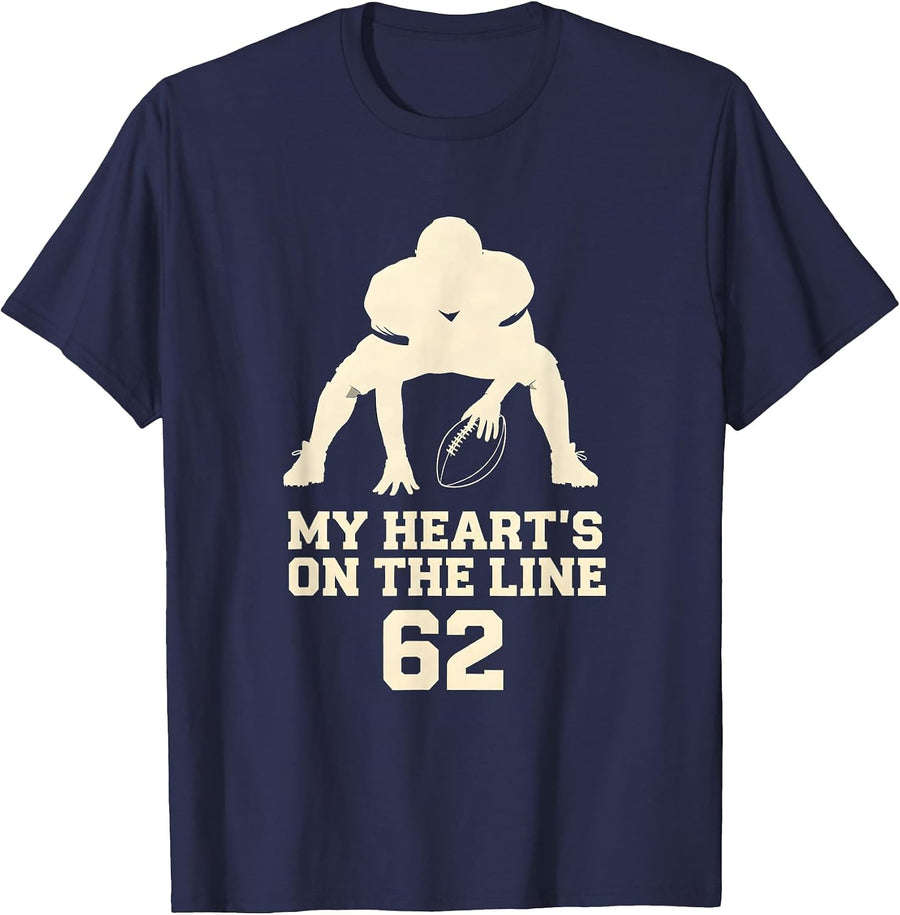 My Heart's On The Line 62 Football Lineman Mom Jersey Number T-Shirt - Navy Blue