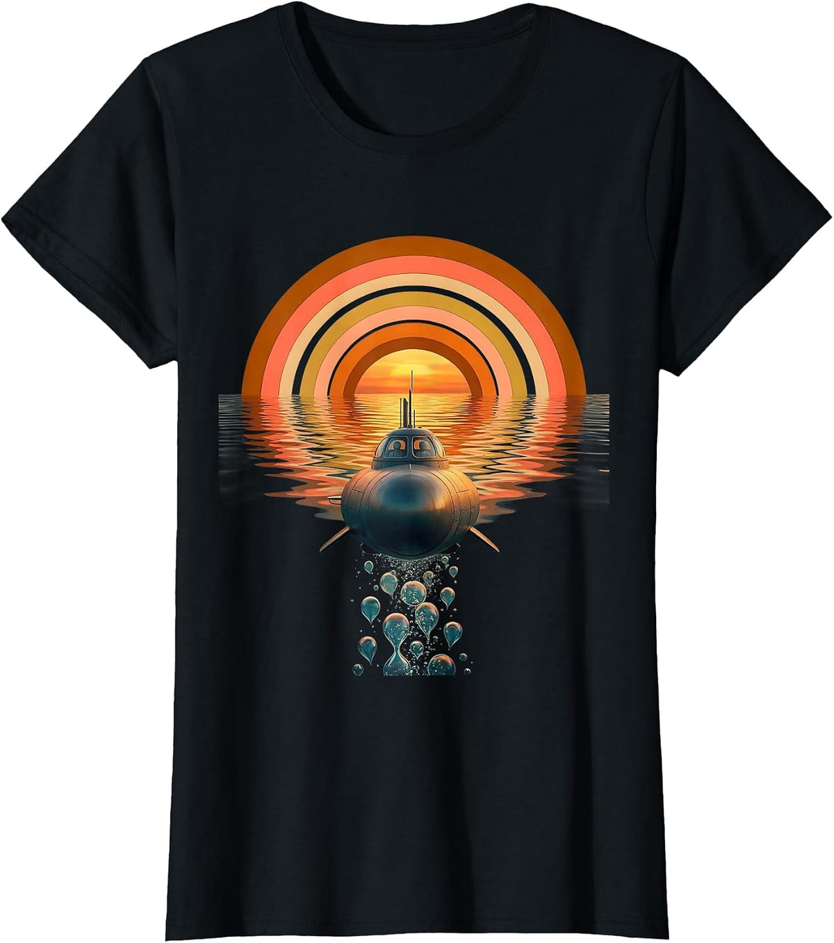 Two-Seat Submarine Diving Ocean Waves Graphic T-Shirt - Black