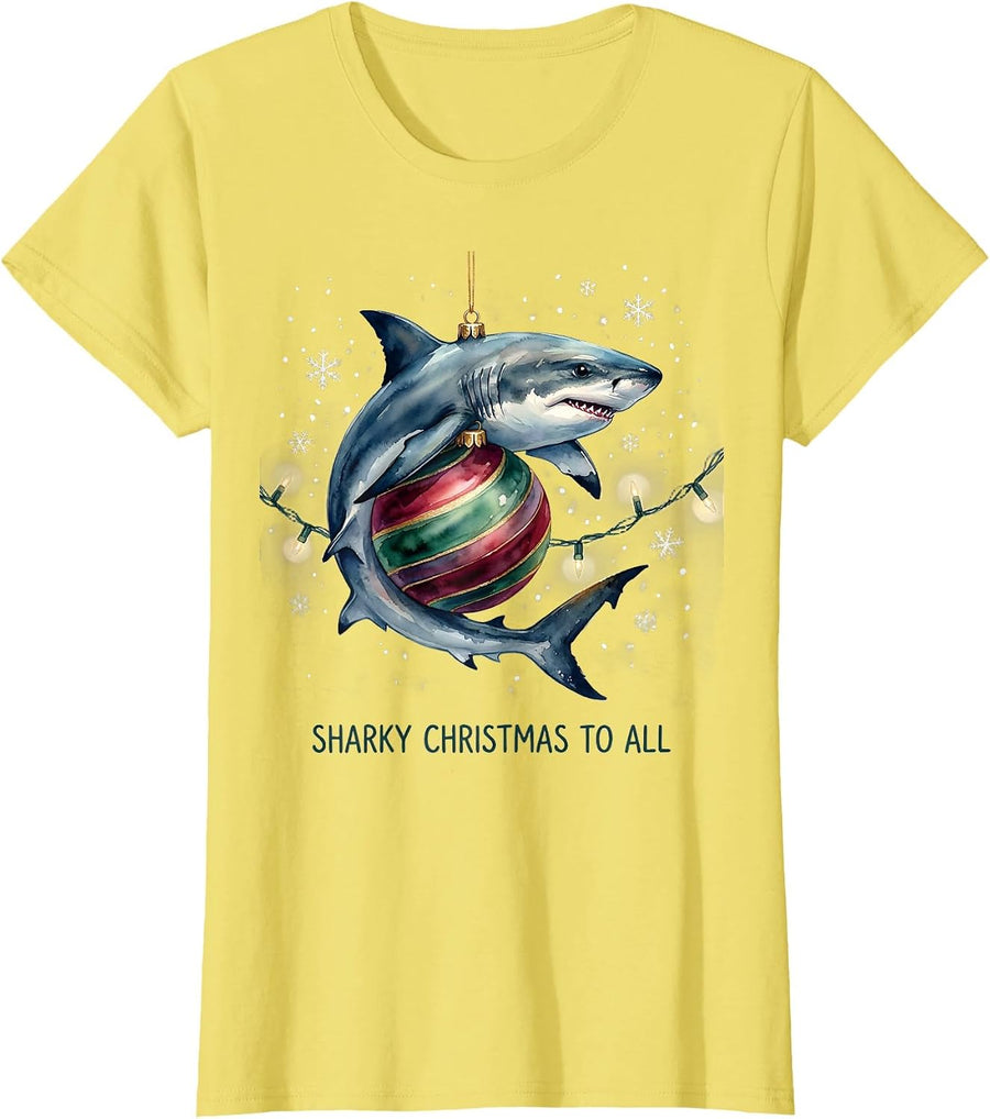 Women's Sharky Christmas To All Funny Watercolor Shark Holiday Humor T-Shirt - Lemon Yellow
