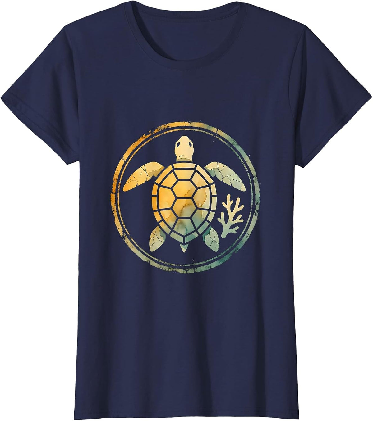 Women's Boys Hawaiian Sea Turtle Coral Reef Graphic T-Shirt - Navy Blue