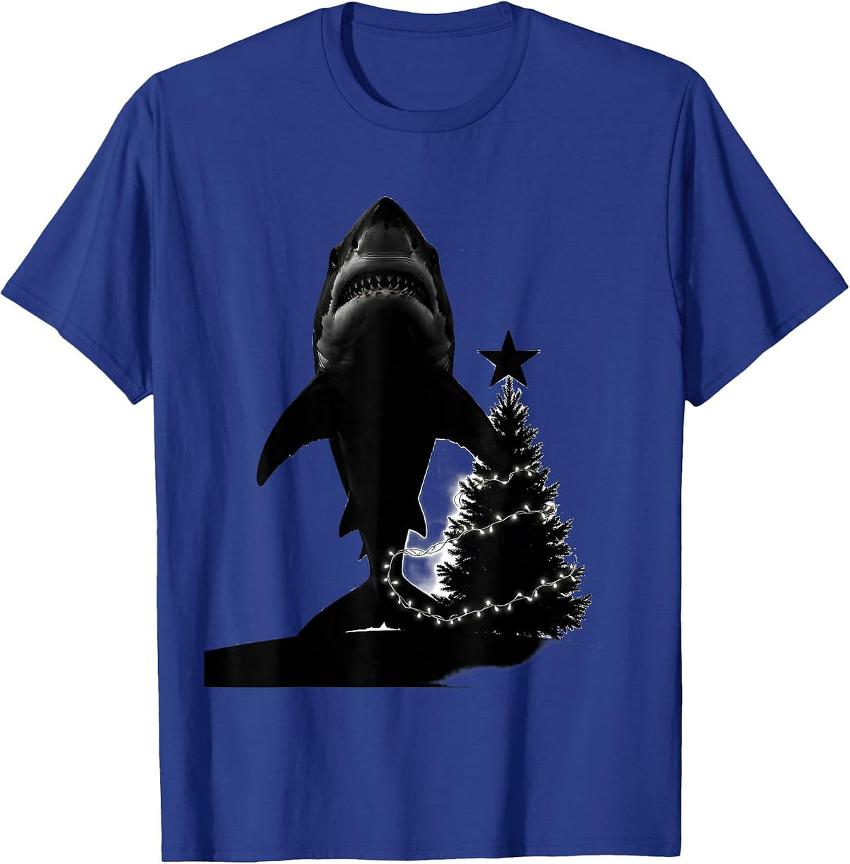 Men's Shark Silhouette Christmas Lights Star and Tree Funny T-Shirt - Royal Blue