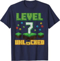 Level 7 Unlocked Pixel Gamer 7th Birthday Gaming Boys Kids T-Shirt - Navy Blue