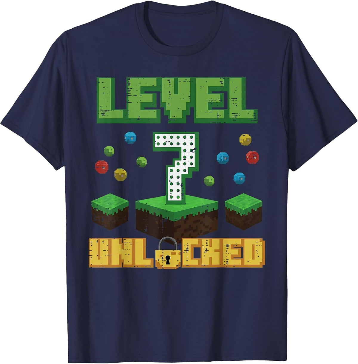 Level 7 Unlocked Pixel Gamer 7th Birthday Gaming Boys Kids T-Shirt - Navy Blue