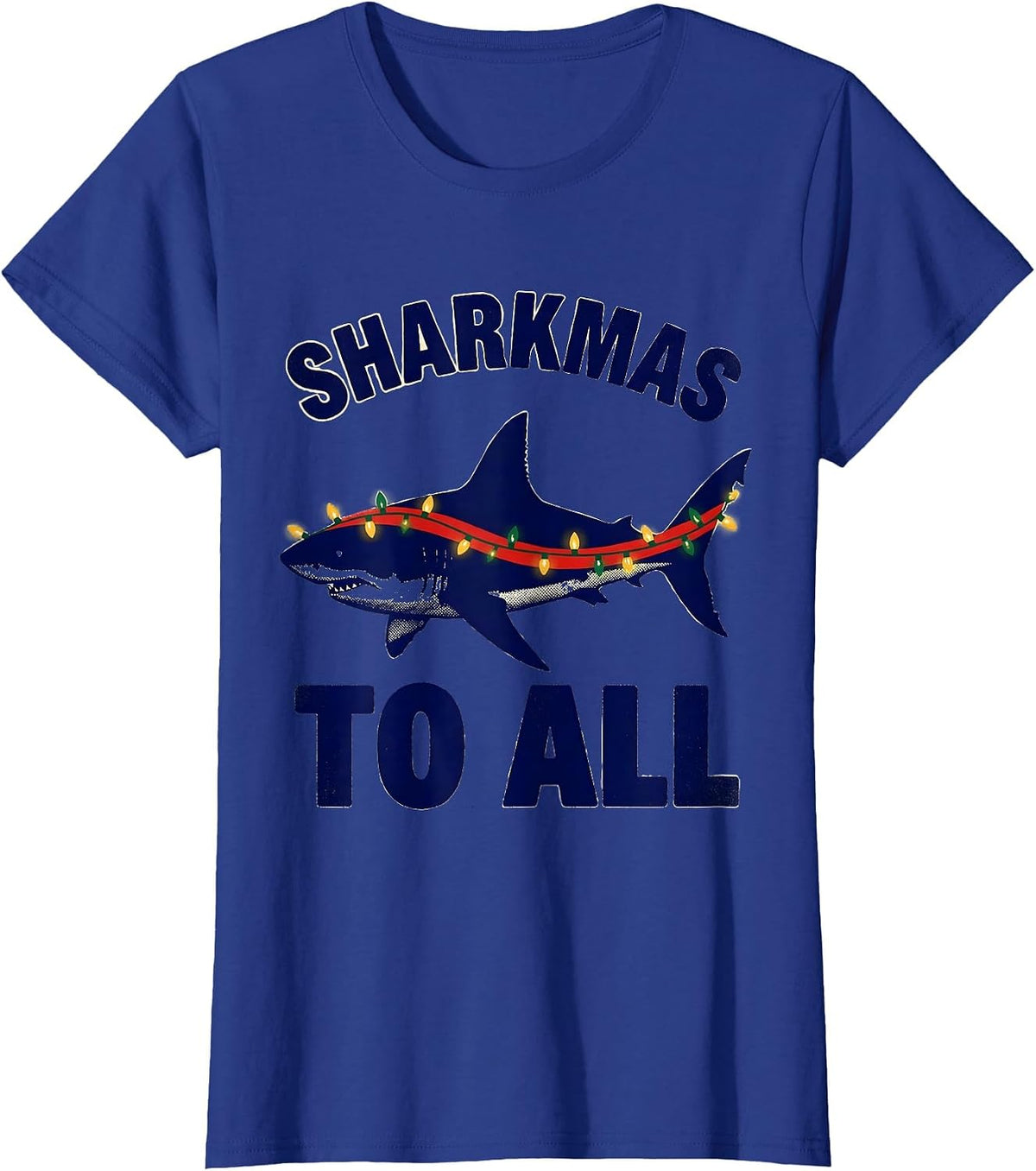 Women's Sharkmas To All Screenprint Poster Shark Lover Christmas T-Shirt - Royal Blue