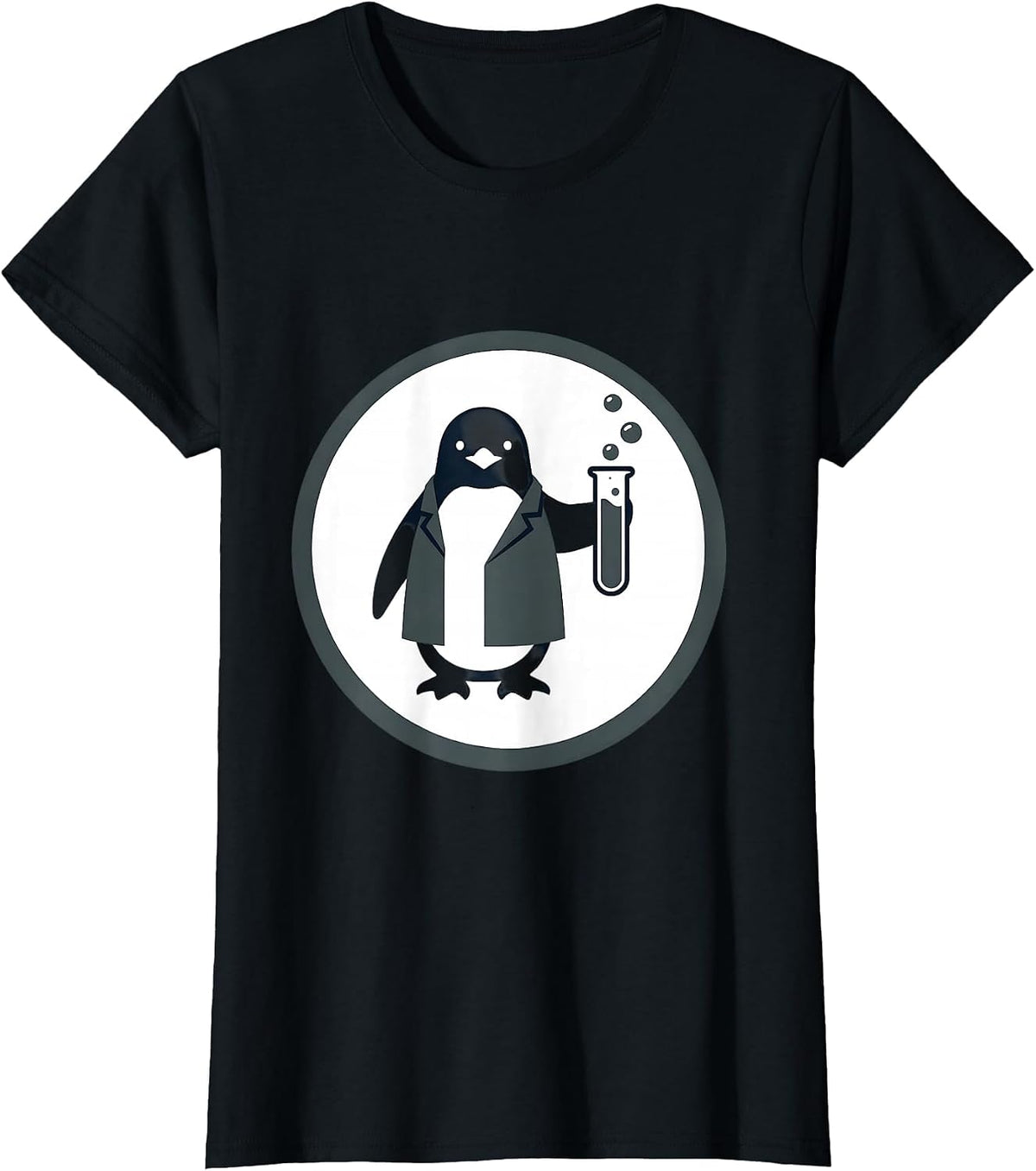 Women's Penguin Scientist Bubbling Test Tubes Illustration T-Shirt - Black