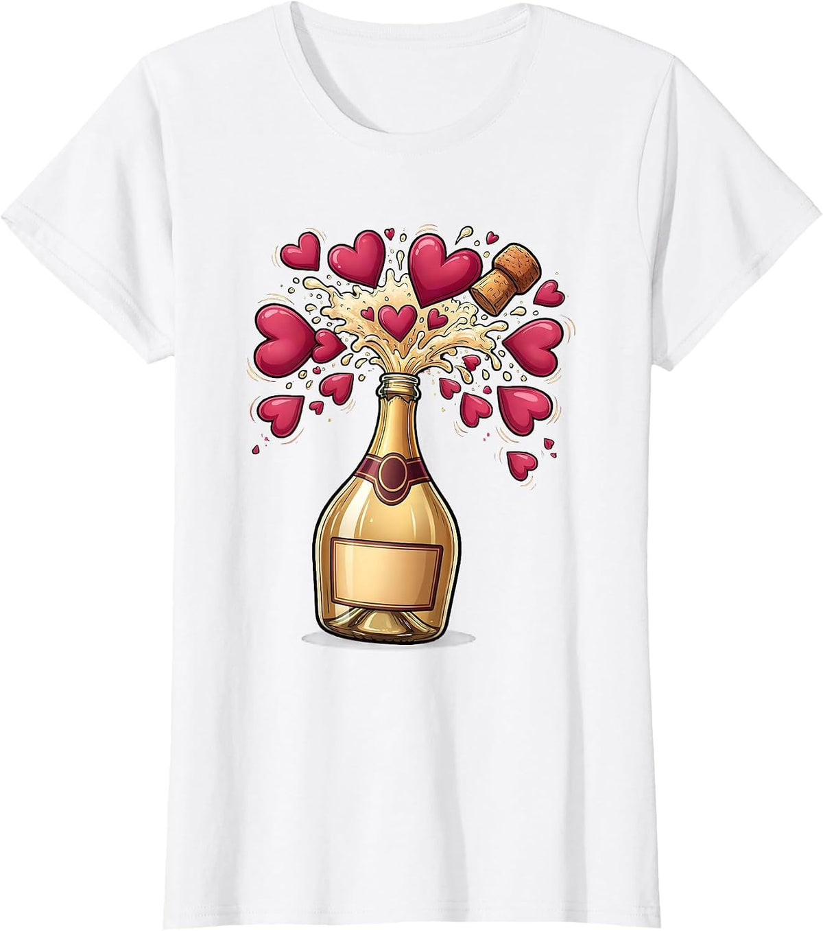 Women's Champagne Popping Hearts Celebration Graphic T-Shirt - White