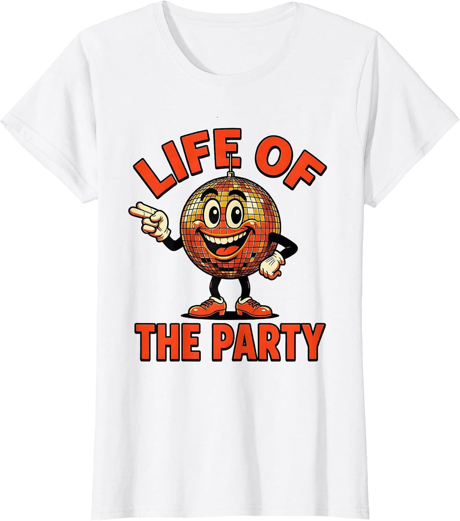 Women's Life of the Party Disco Ball Graphic Design T-Shirt - White