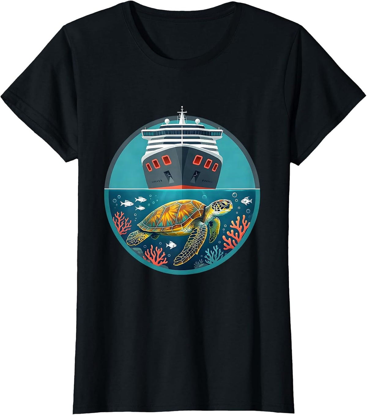 Women's Family Cruise Sea Turtle Under Ship Hull T-Shirt - Black