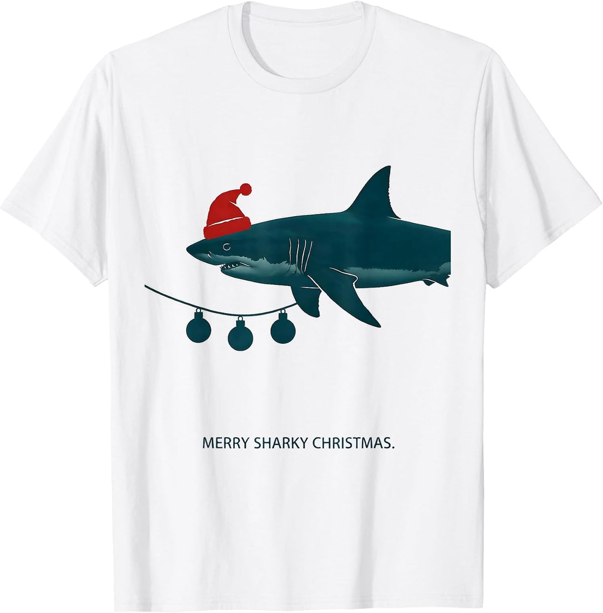 Men's Merry Sharky Christmas Funny Shark Santa Hat Holiday Lights T-Shirt - White