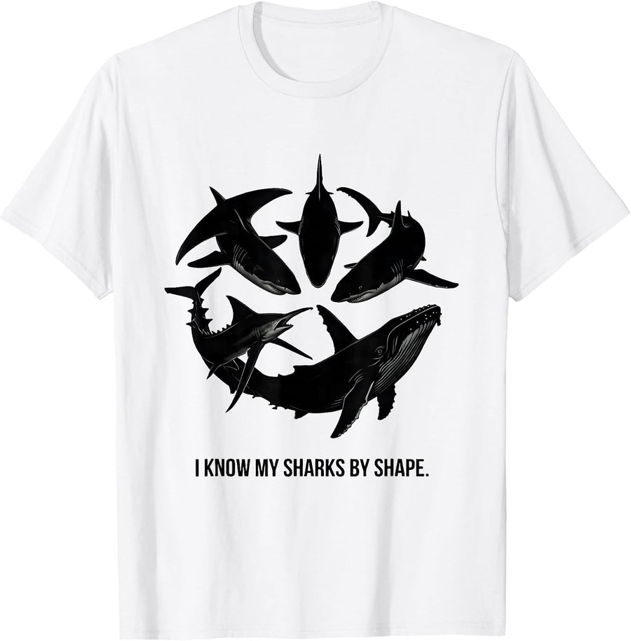 Men's I Know My Sharks By Shape Funny Shark Lover Ocean Wildlife T-Shirt - White