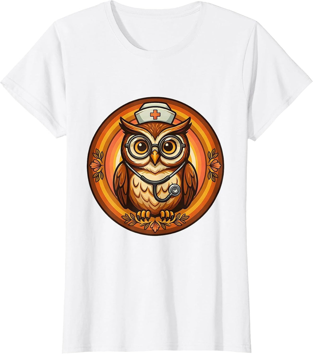 Women's School Nurse Owl with Glasses and Stethoscope T-Shirt - White