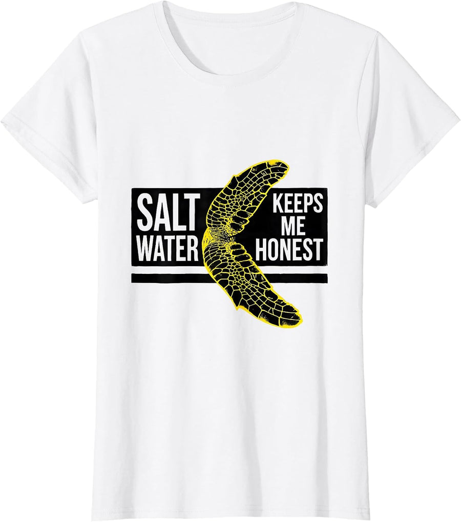 Women's Salt Water Keeps Me Honest Stencil Sea Turtle Ocean Animal T-Shirt - White