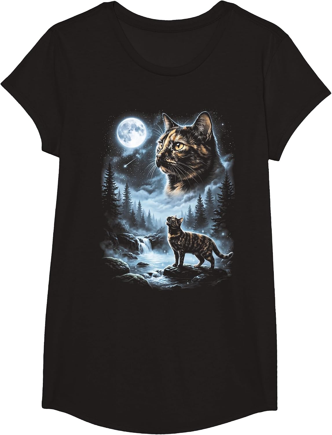 Tortoiseshell Cat Howling at Moon 90's Retro T-Shirt - Girls Black