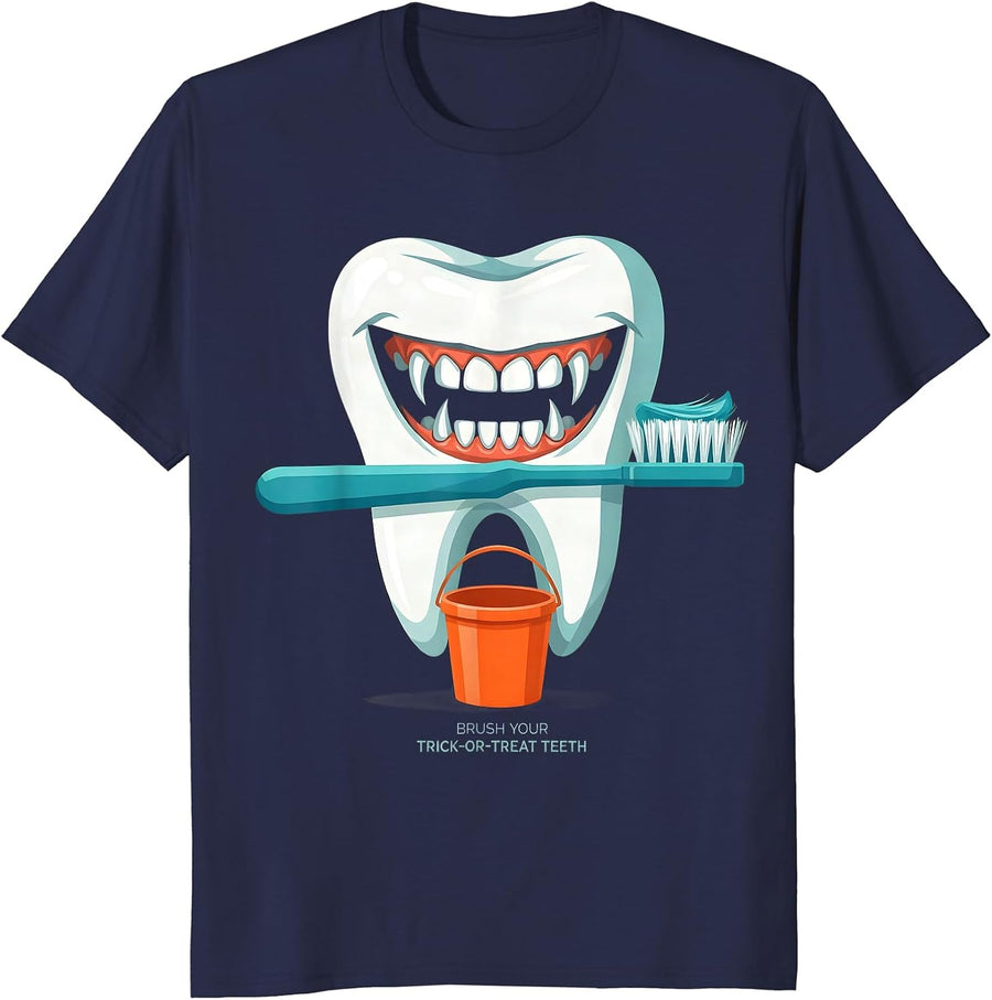 Brush Your Trick-or-Treat Teeth Funny Dental Hygienist T-Shirt - Navy Blue