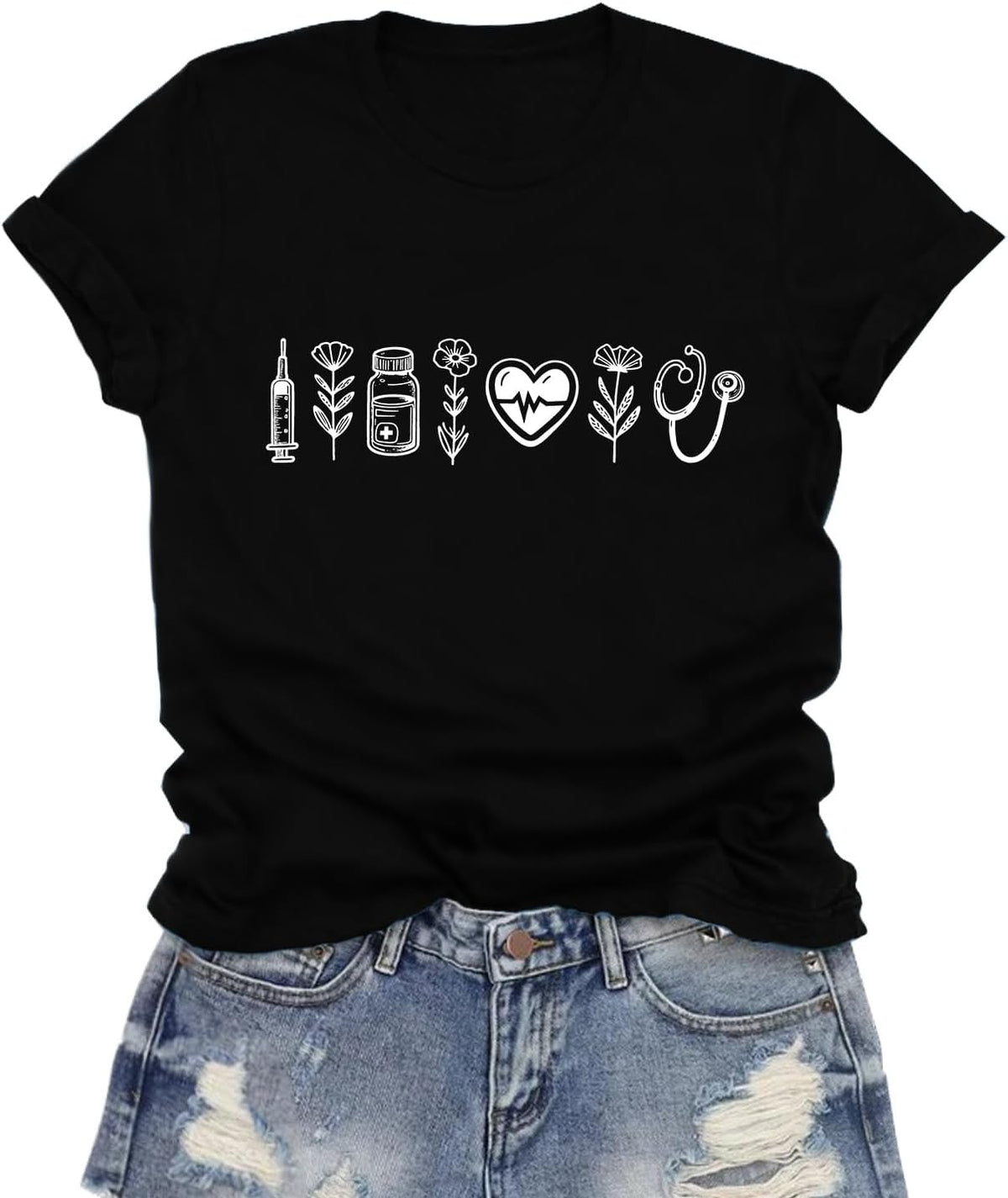 Nurse Shirt for Women Nurses Week T-Shirt Nursing Life Tee Tops - Black