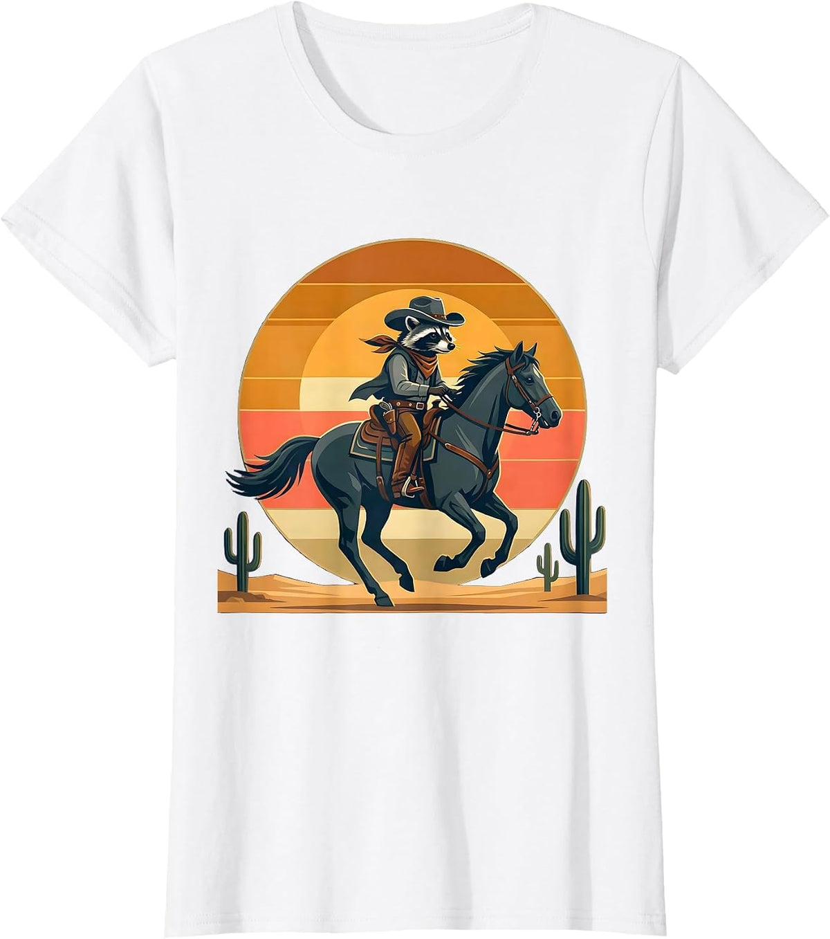Raccoon Cowboy on Horseback Sunset Design T-Shirt - White