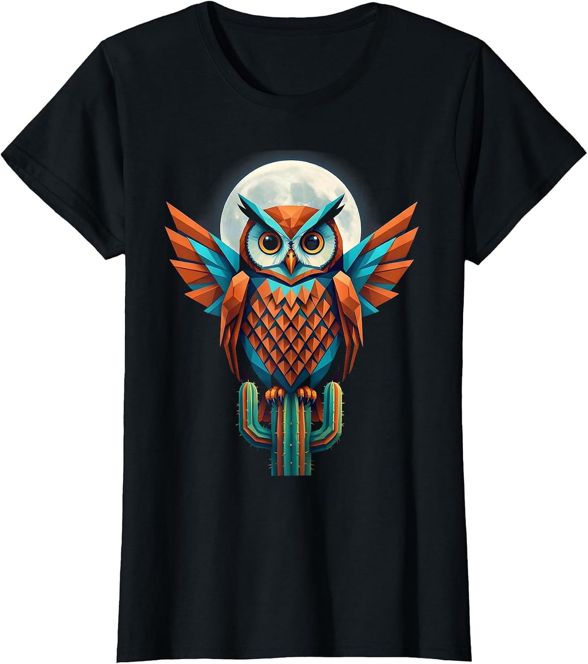 Mexican Owl on Cactus Full Moon Illustration T-Shirt - Black