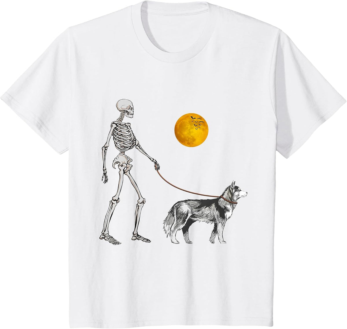 Siberian Husky Skeleton Dog Walking Halloween Costume T-Shirt - White