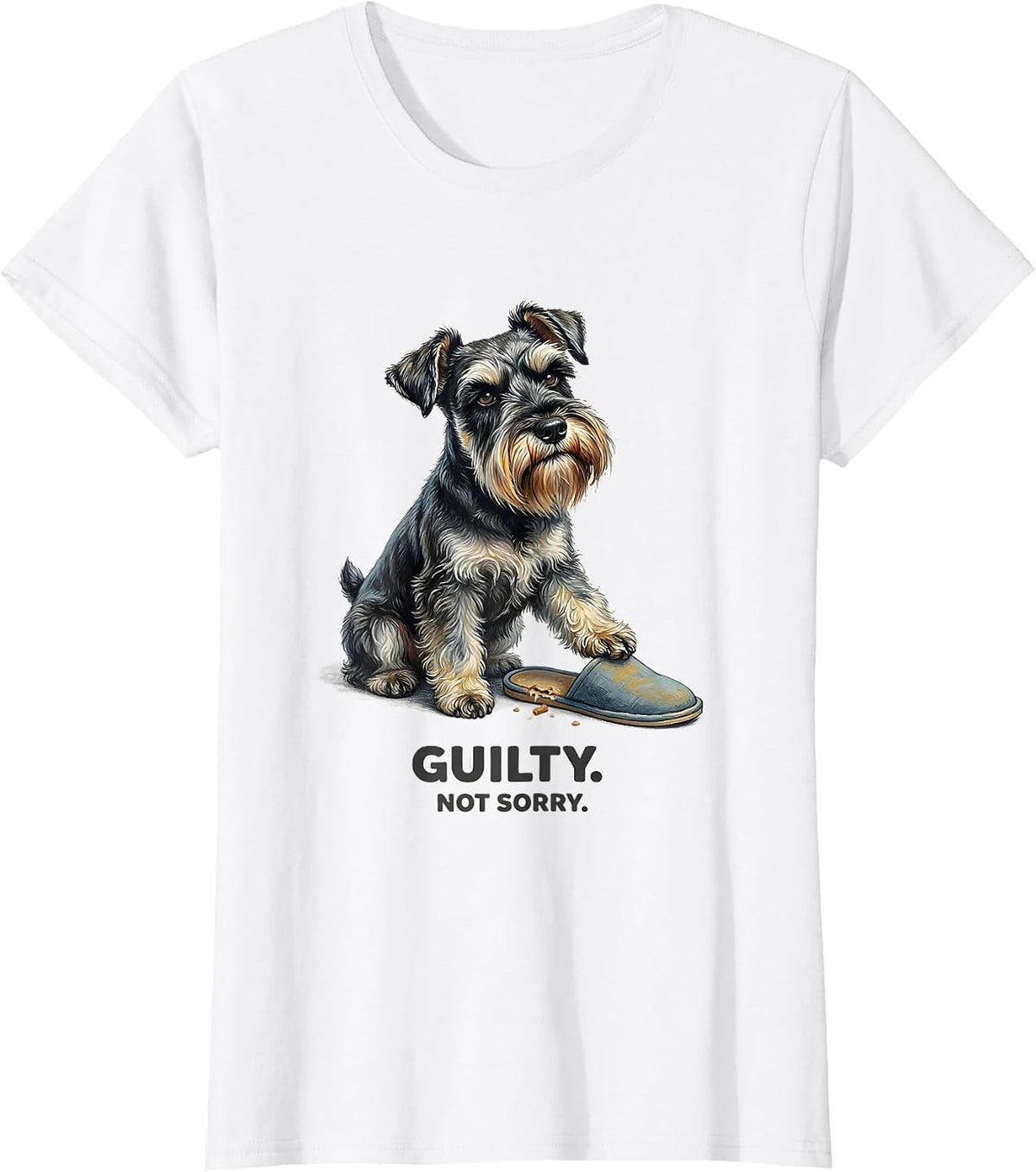 Women's Guilty Not Sorry Storybook Miniature Schnauzer Owner Humor T-Shirt - White