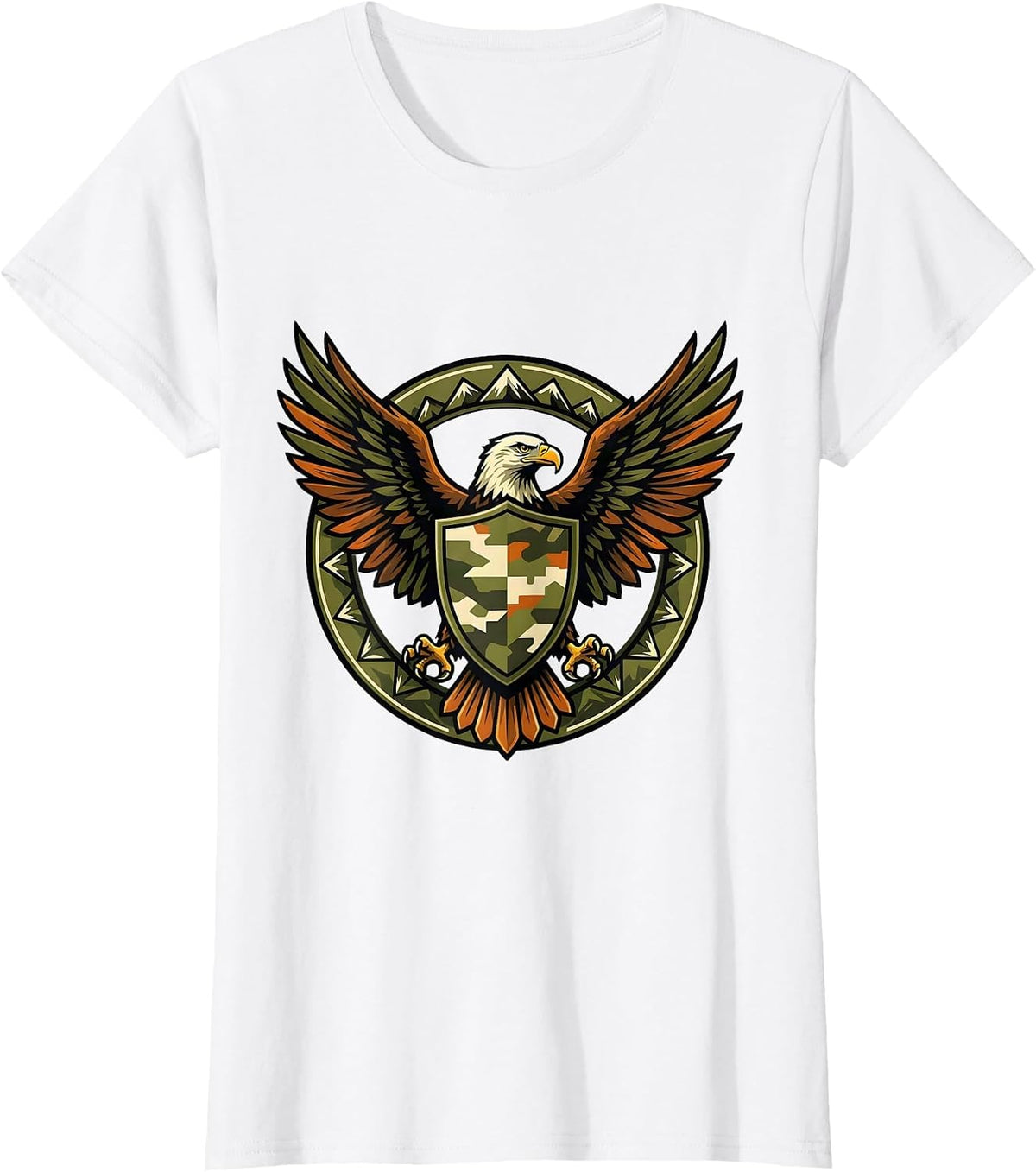 Eagle Clutching Camo Shield Patriotic Design T-Shirt - White