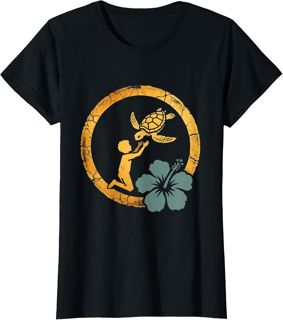 Women's Hawaiian Boy Releasing Sea Turtle Ocean Graphic T-Shirt - Black