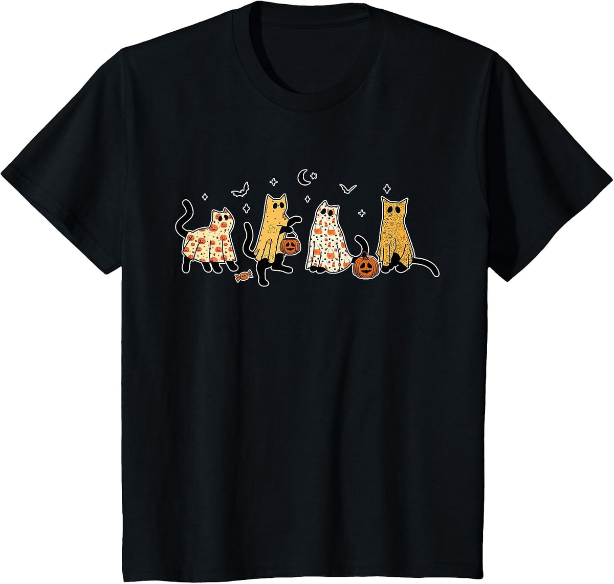 Cute Black Cats in Ghost Costume Women and Men Halloween T-Shirt - Black