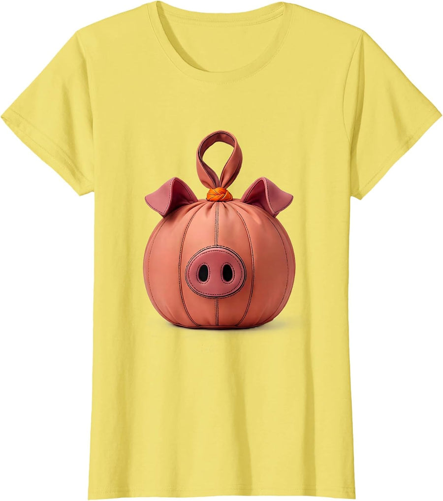 Women's Pig Trick-or-Treat Bag Halloween Costume Humor T-Shirt - Lemon Yellow