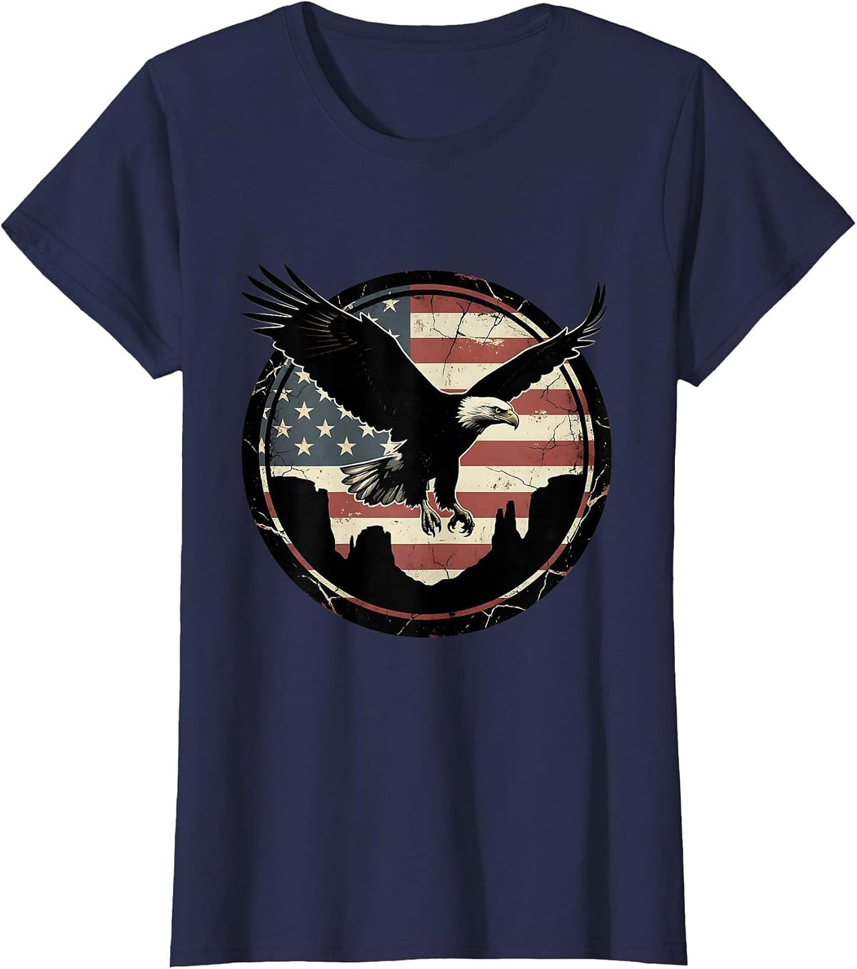 Women's Freedom Red Bald Eagle Soaring Over Red Canyon T-Shirt - Navy Blue
