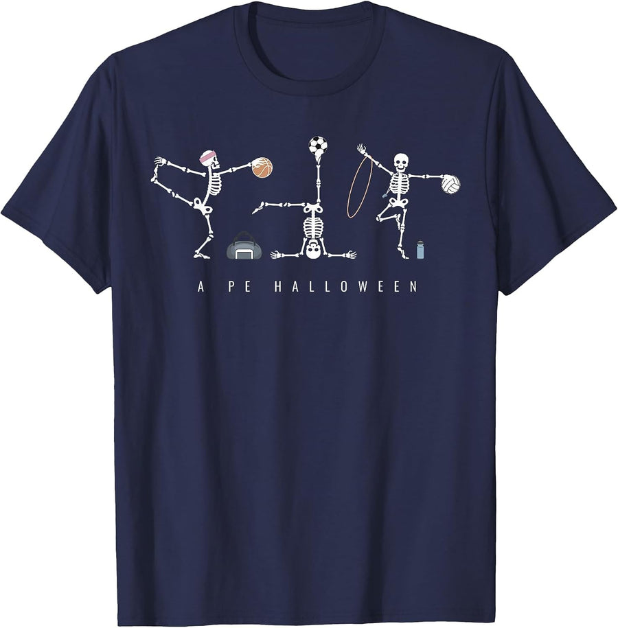 Halloween Skeleton Sports PE Teacher Physical Education T-Shirt - Navy Blue