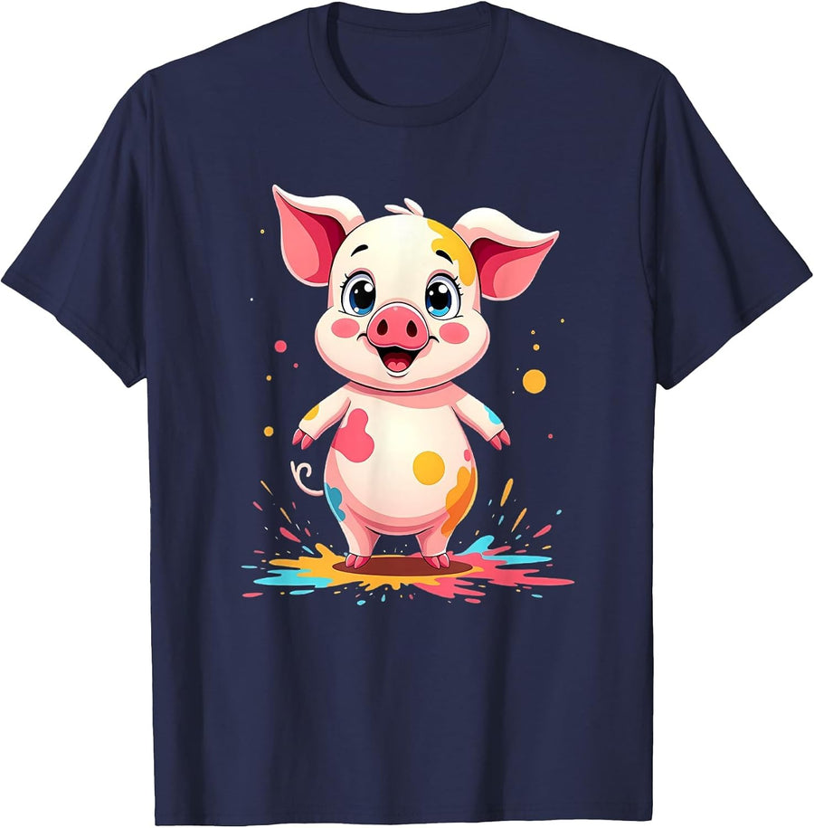 Cute Cartoon Pig Standing with Colorful Paint Splatters T-Shirt - Navy Blue