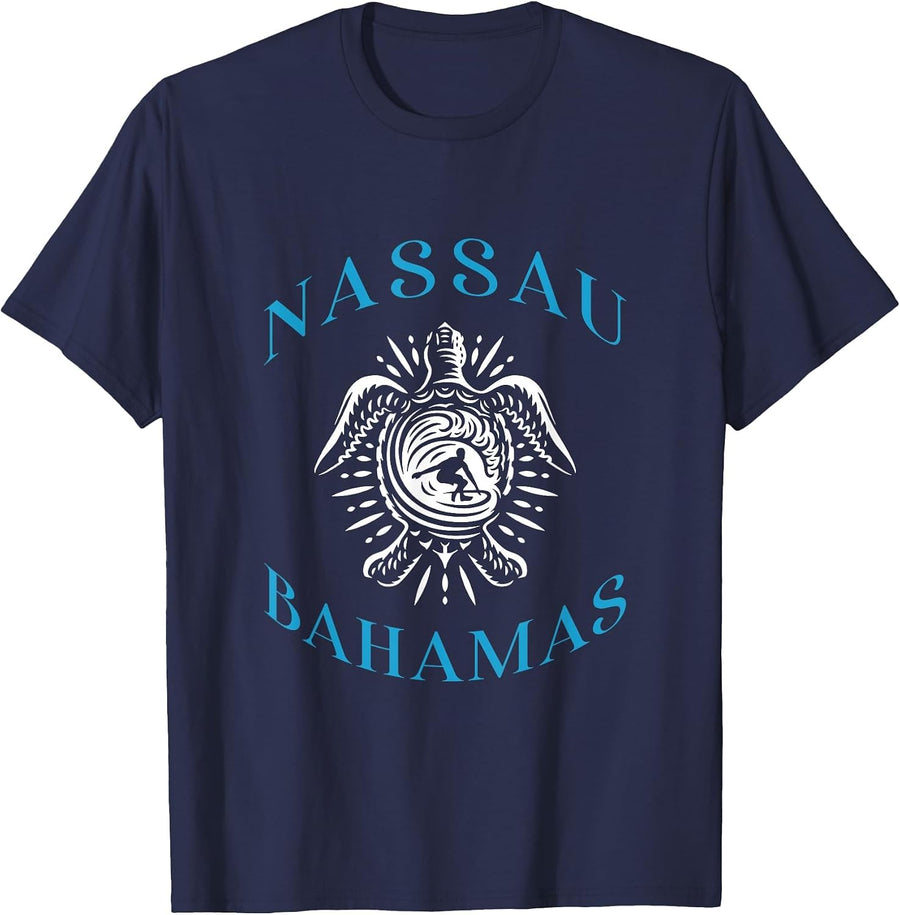 Nassau Bahamas Sea Turtle Surfing Vacation Souvenir T-Shirt - Navy Blue