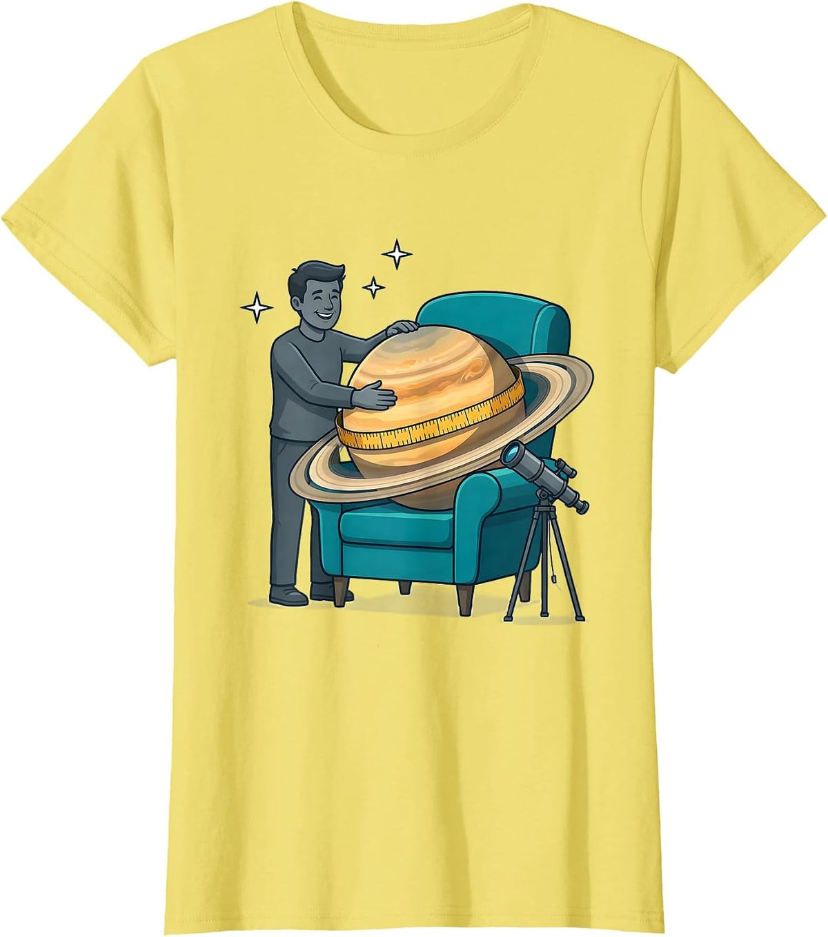 Women's Planet Lounging Flat Vector Space Lover Astronomy Humor T-Shirt - Lemon Yellow