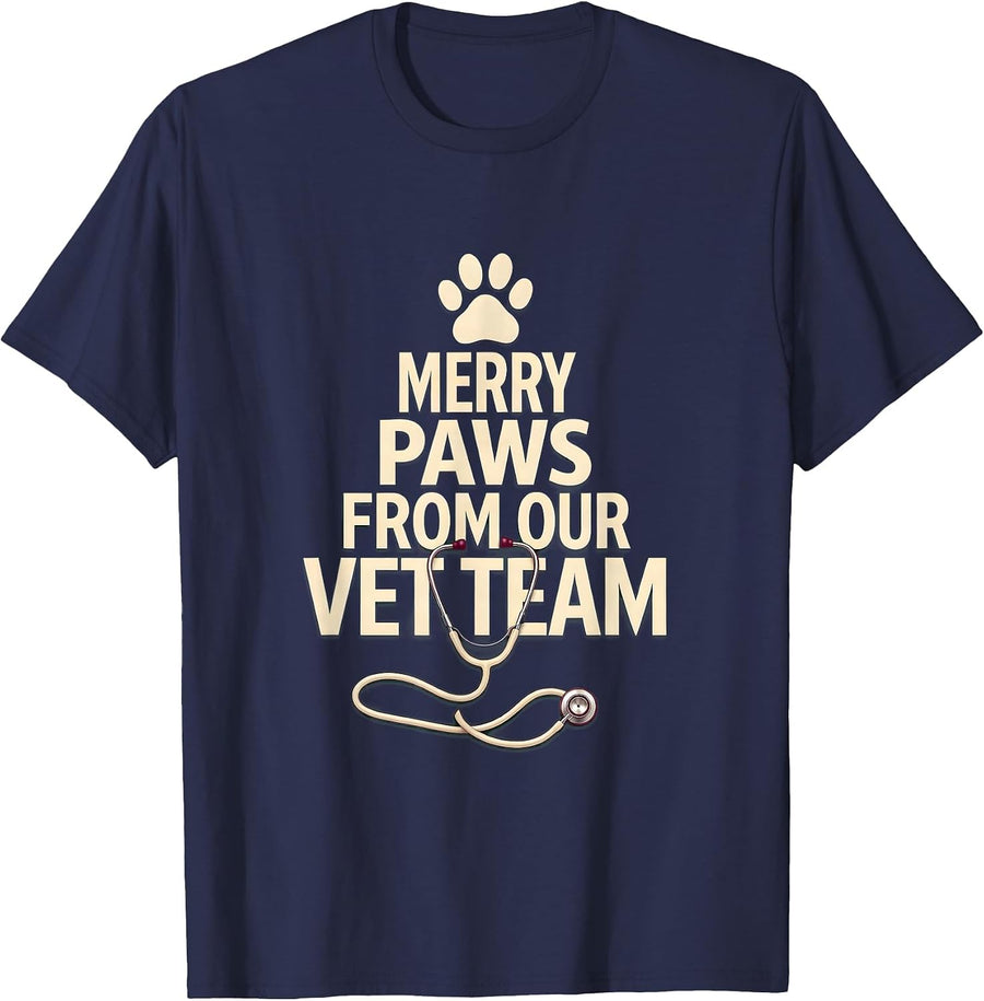 Merry Paws From Our Vet Team Funny Vet Tech Christmas Crew T-Shirt - Navy Blue
