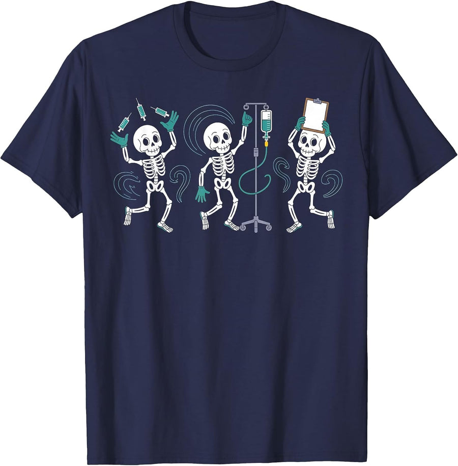 Funny Nurse Skeleton Halloween Healthcare Crew Skeleton T-Shirt - Navy Blue