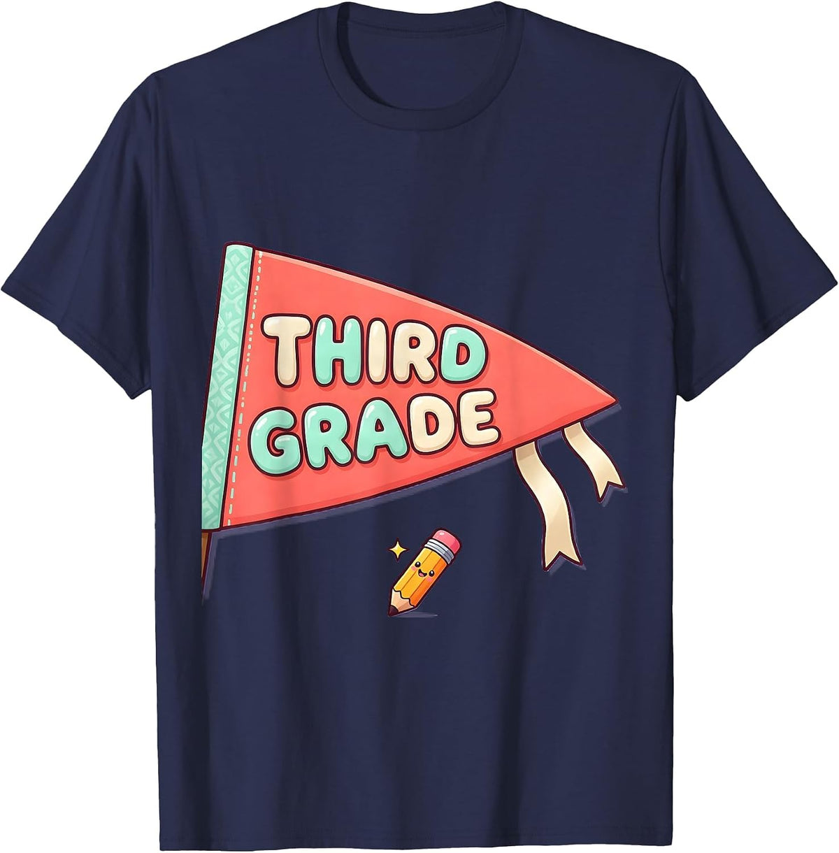 Men's Third Grade Cute Kawaii Back To School Pennant Flag T-Shirt - Navy Blue