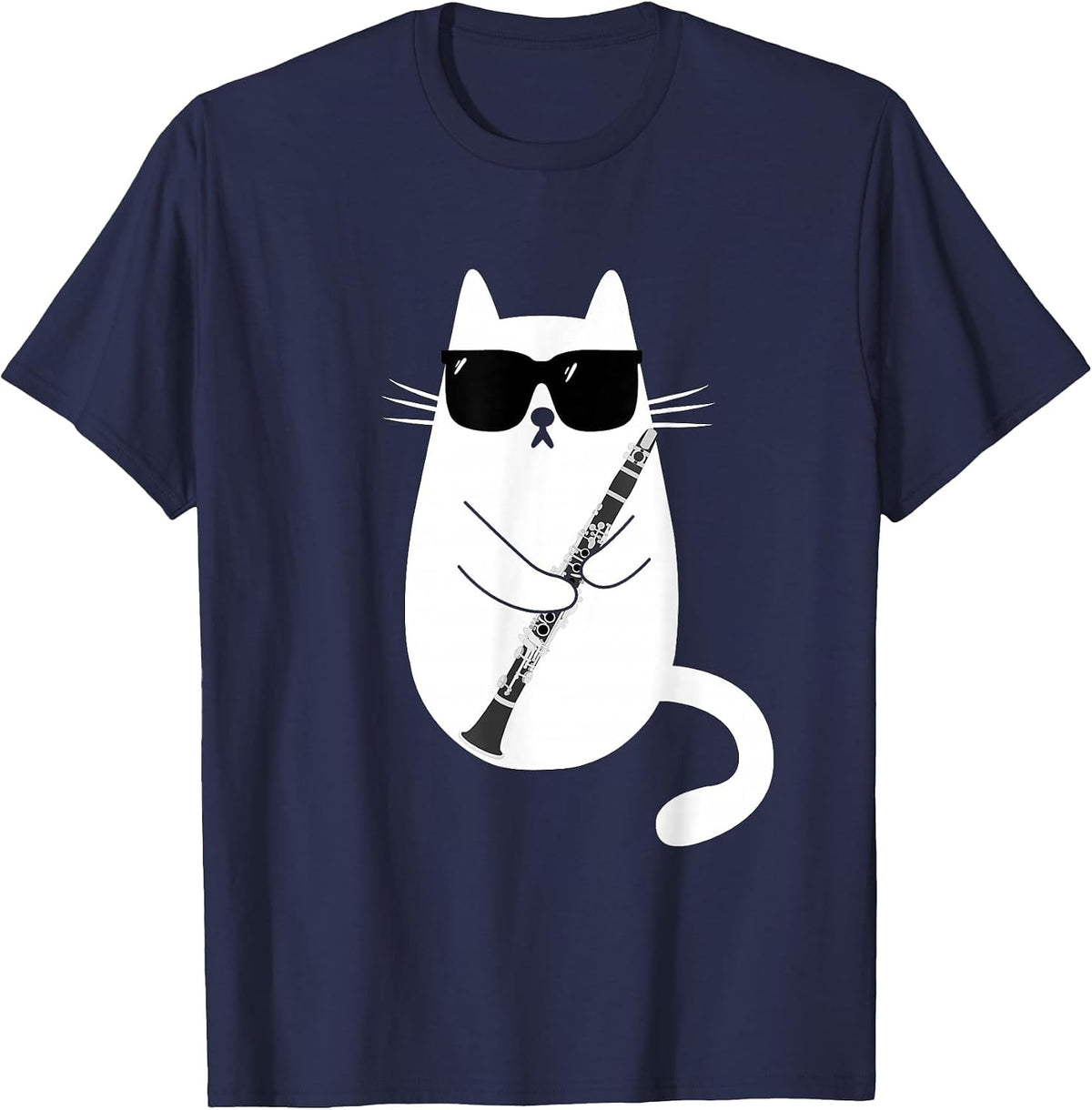Funny Cat Wearing Sunglasses Playing Clarinet Musician T-Shirt - Navy Blue