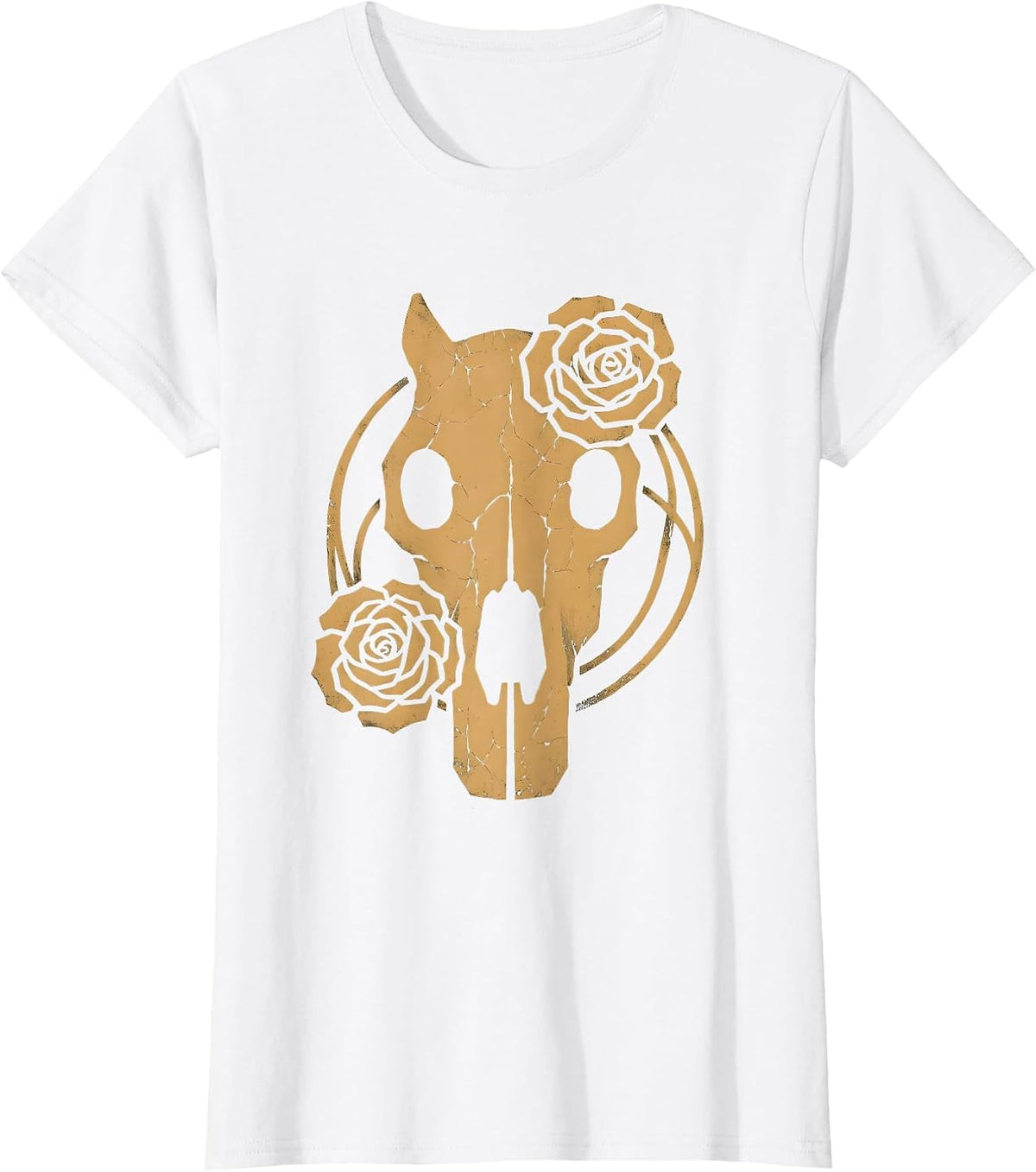 Women's Horse Skull Rose Vines Gothic Floral Art T-Shirt - White