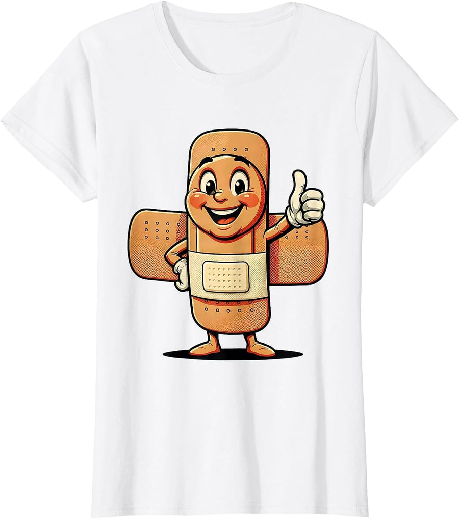 Women's School Nurse Bandage on Scraped Knee Graphic T-Shirt - White