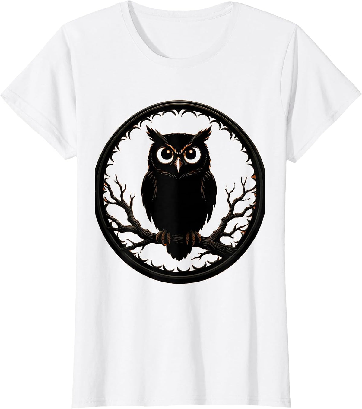 Halloween Owl Glowing Eyes Bare Branch Illustration T-Shirt - White