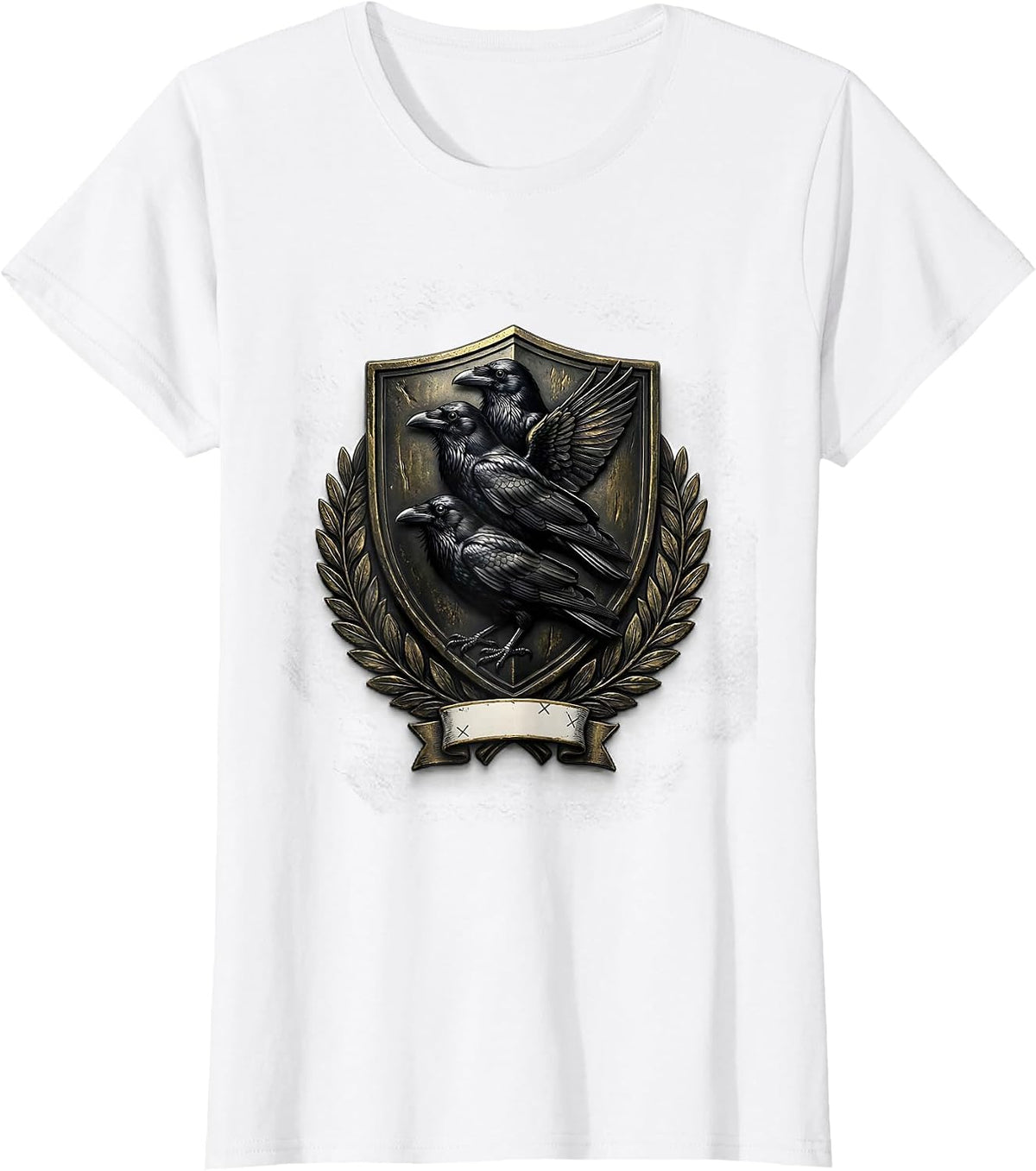 Women's Heraldic Crow Shield Dark Humor Bird Lover Emblem T-Shirt - White