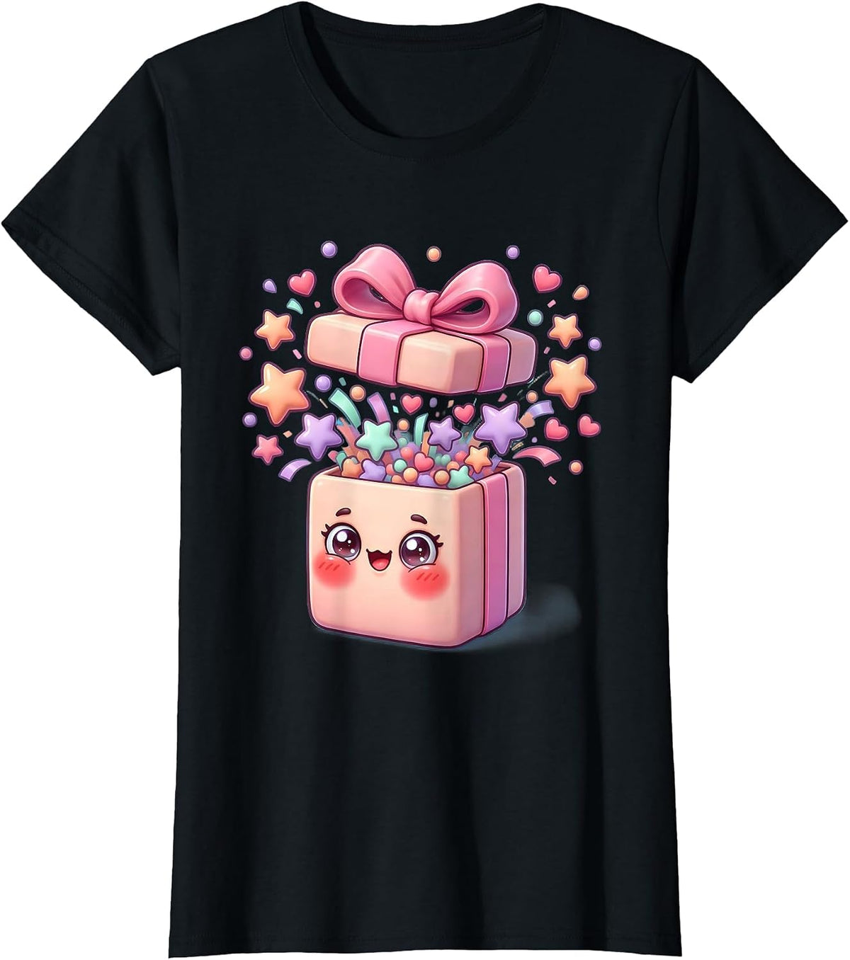 Colorful Confetti Burst Gift Box Celebration T-Shirt - Black